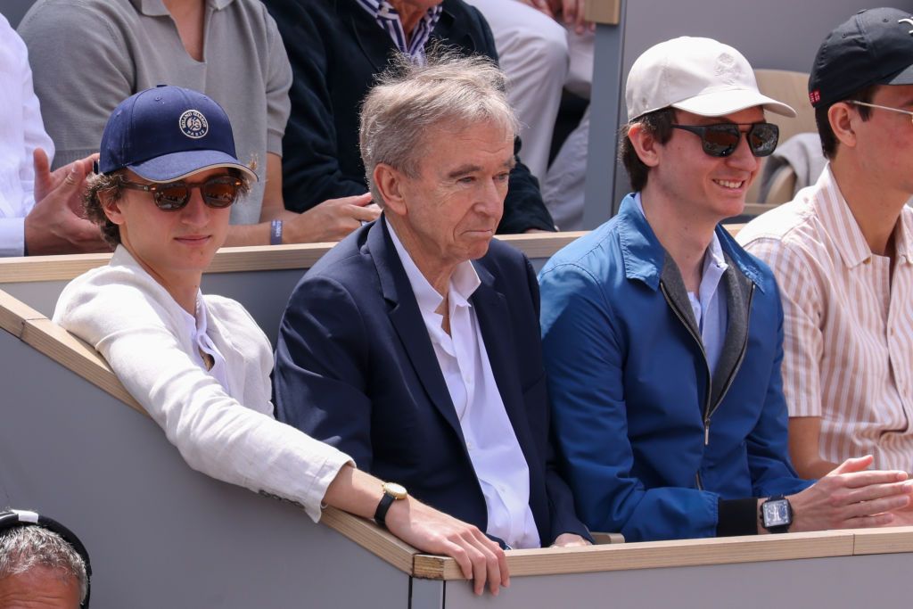 PARIS, FRANCE - JUNE 09: Jean Arnault, Bernard Arnault and Frédéric Arnault attend the 2024 French Open at Roland Garros on June 09, 2024 in Paris, France. (Photo by Pierre Suu/WireImage)