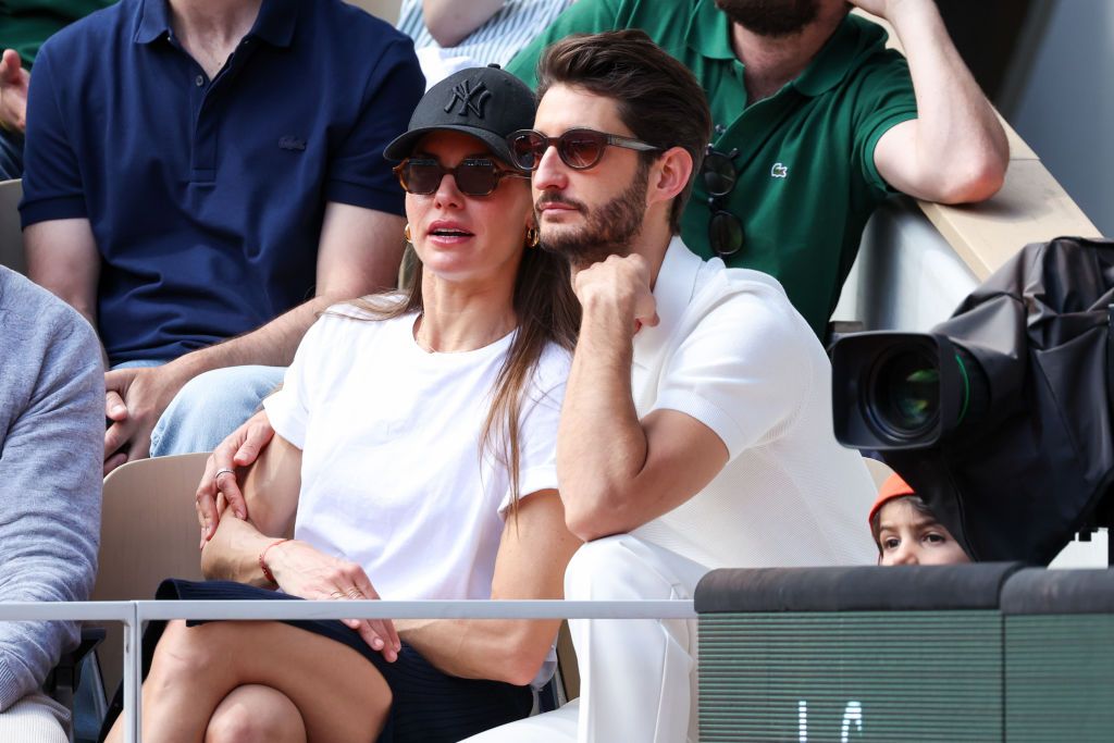 PARIS, FRANCE - JUNE 09: Natasha Andrews and Pierre Niney attend the 2024 French Open at Roland Garros on June 09, 2024 in Paris, France. (Photo by Stephane Cardinale - Corbis/Corbis via Getty Images)