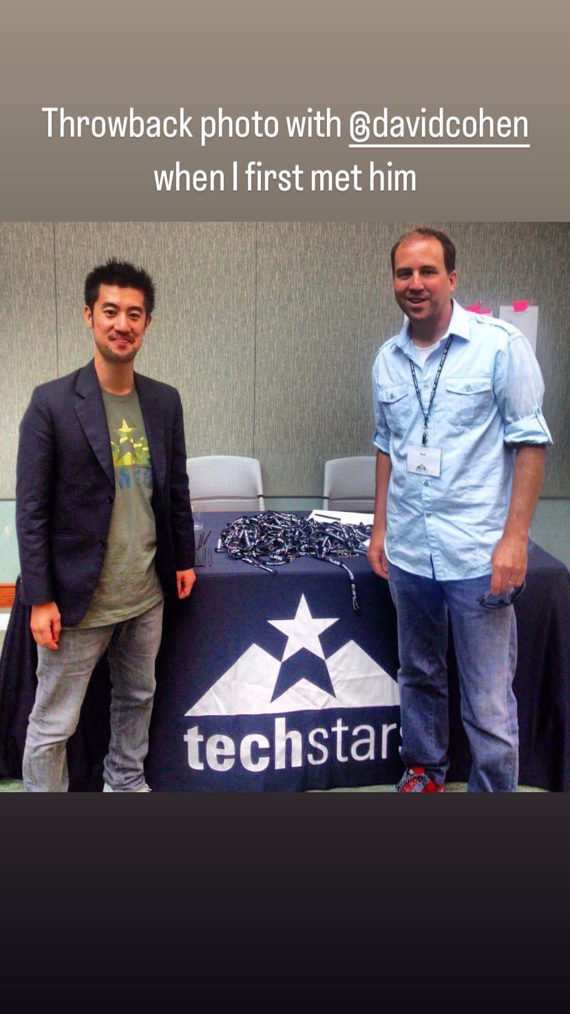 A photo of Lo first met with David Cohen, the chief executive officer of Techstars, a leading pre-seed and early stage venture capital firm