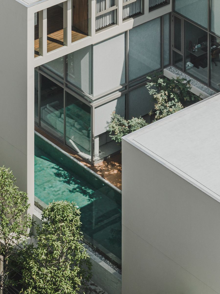 An aerial side view of the pool area, which is clearly visible from areas on the first storey