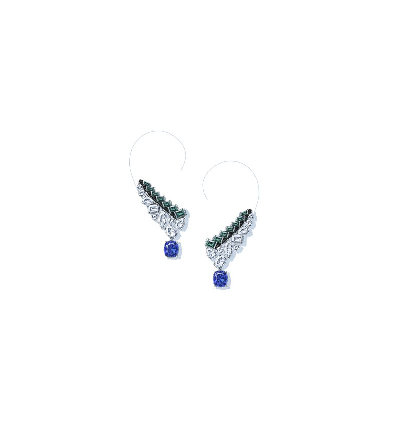 Graphic line earrings in white gold, platinum, diamonds, sapphires, emeralds and onyx (Photo: courtesy of Chanel)