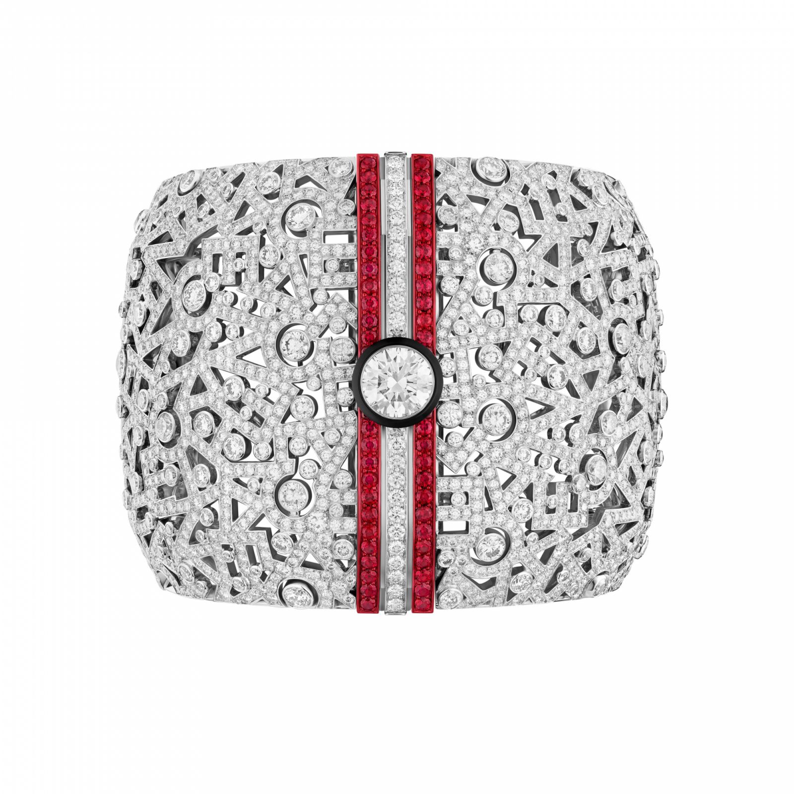 Chanel print cuff in white gold, diamonds, rubies, carbon, black lacquer and red aluminum (Photo: courtesy of Chanel)