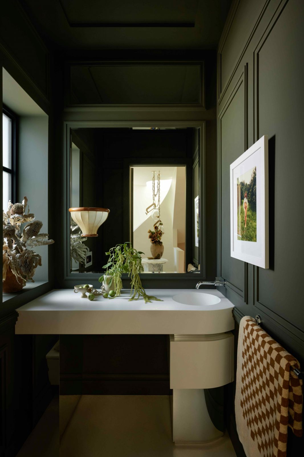 The powder room with dark-toned millwork