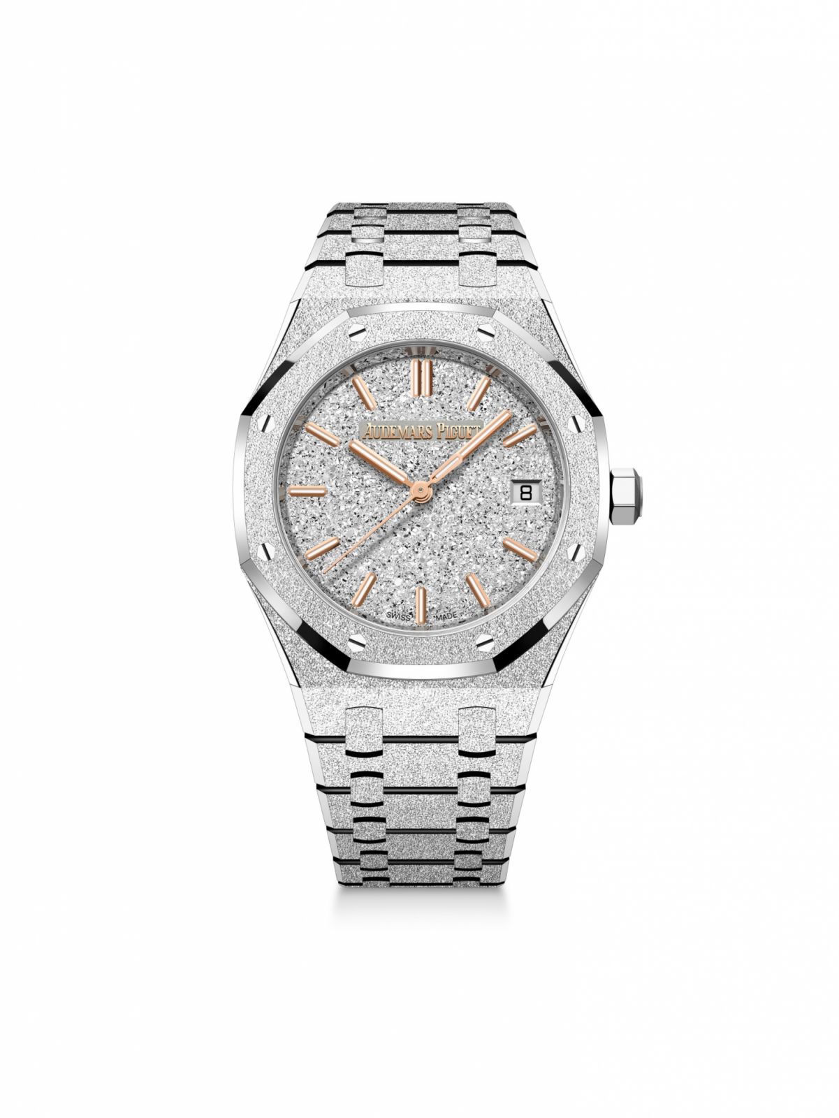 皇家橡樹系列自動上鏈霜金34毫米腕錶白K金款。（Photo: Audemars Piguet）