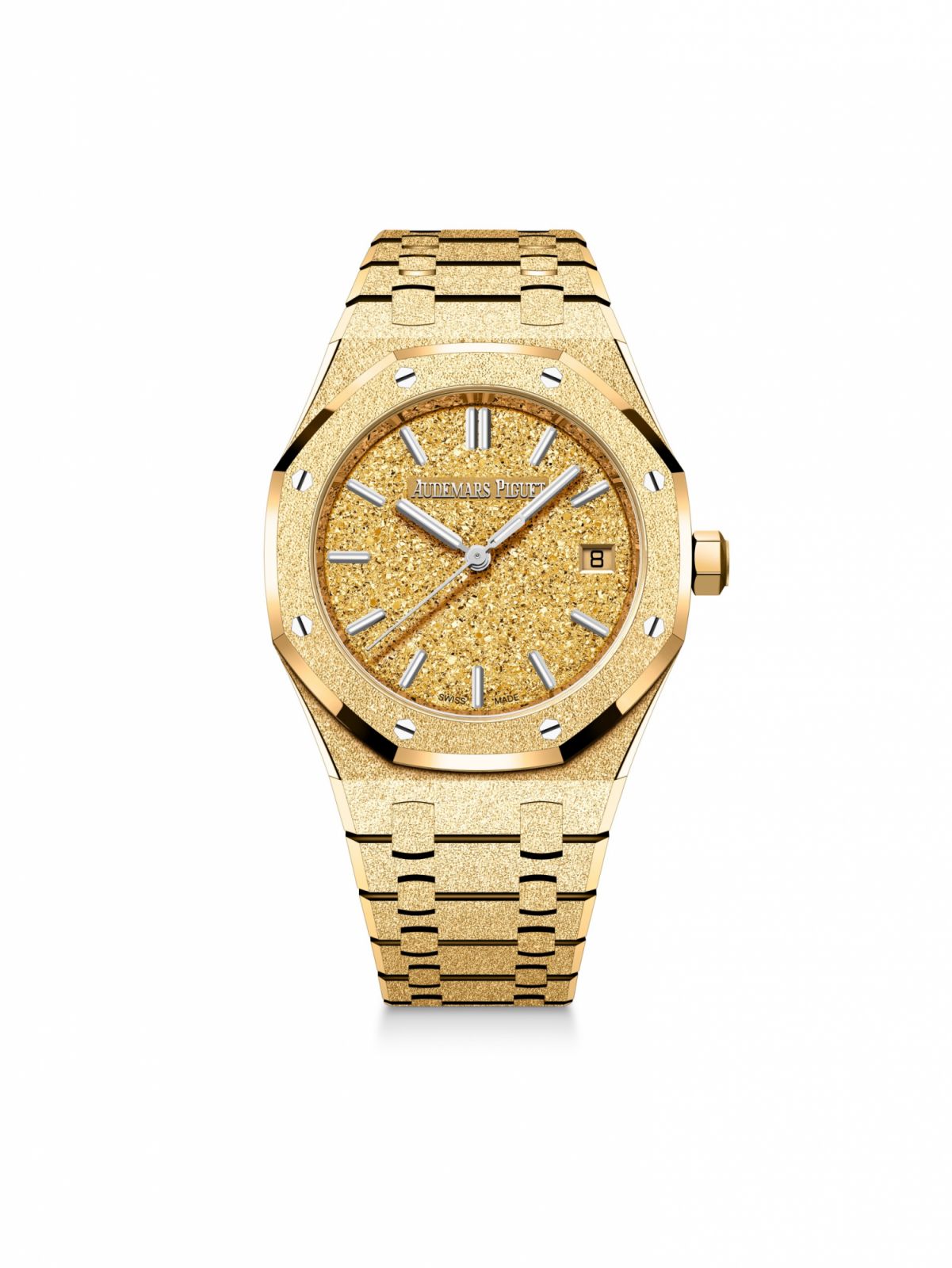 皇家橡樹系列自動上鏈霜金34毫米腕錶黃K金款。（Photo: Audemars Piguet）