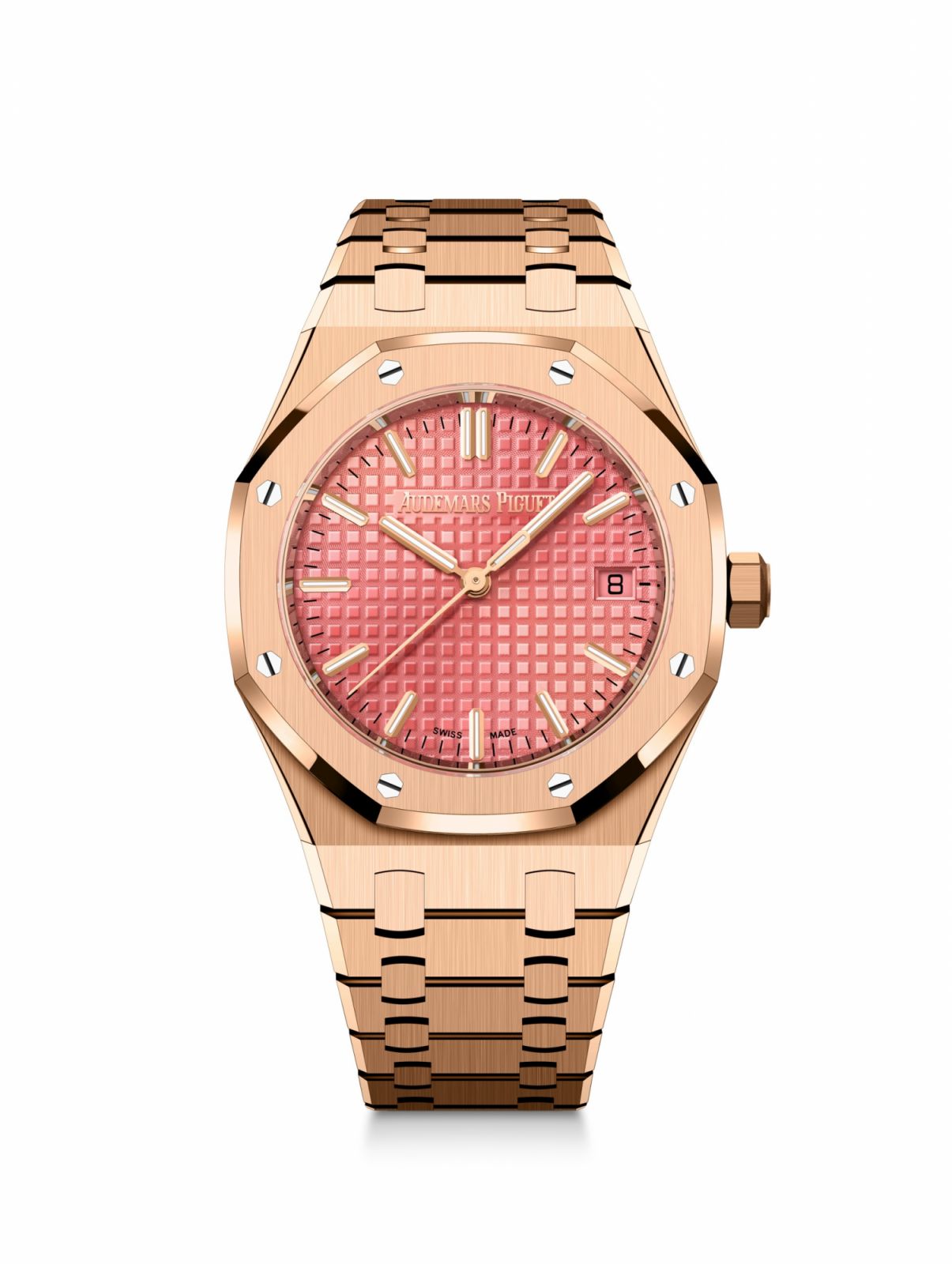 皇家橡樹系列自動上鏈34毫米腕錶玫瑰金款。（Photo: Audemars Piguet）