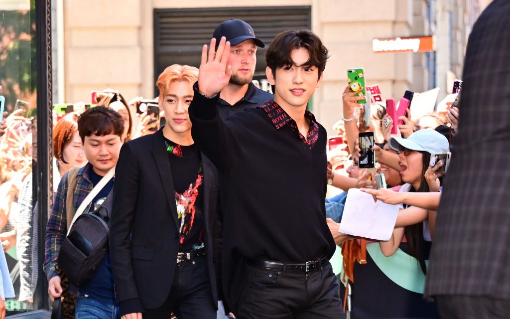 NEW YORK, NY - JUNE 26: BamBam and Jung Jin-Young of GOT7 are seen outside the Build Studio on June 26, 2019 in New York City. (Photo by James Devaney/GC Images)