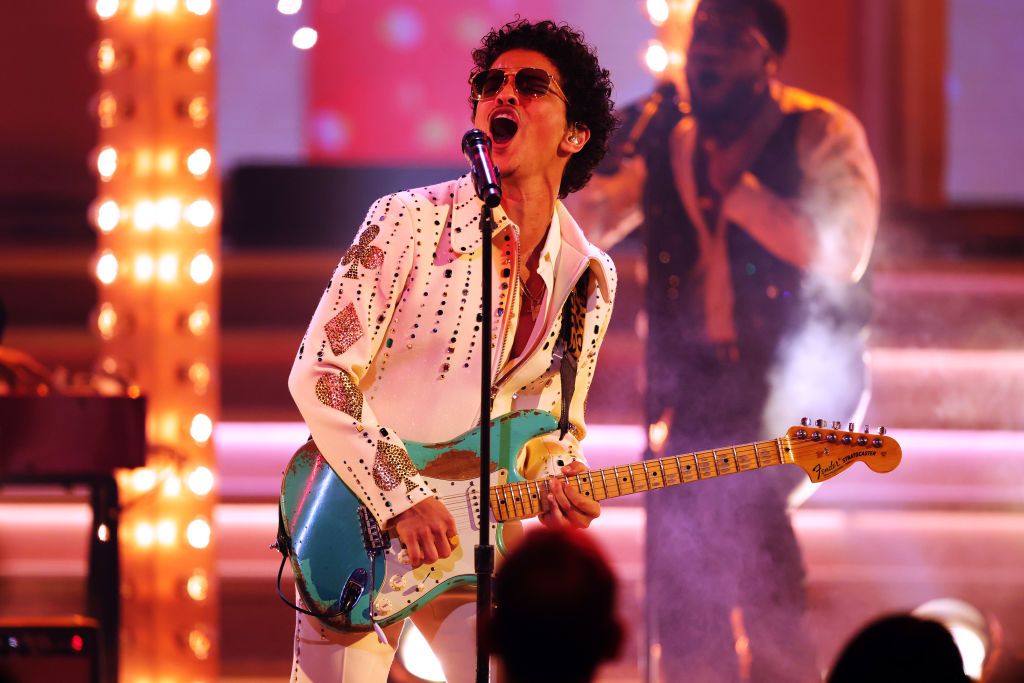LAS VEGAS, NEVADA - APRIL 03: Bruno Mars of Silk Sonic performs onstage during the 64th Annual GRAMMY Awards at MGM Grand Garden Arena on April 03, 2022 in Las Vegas, Nevada. (Photo by Rich Fury/Getty Images for The Recording Academy)