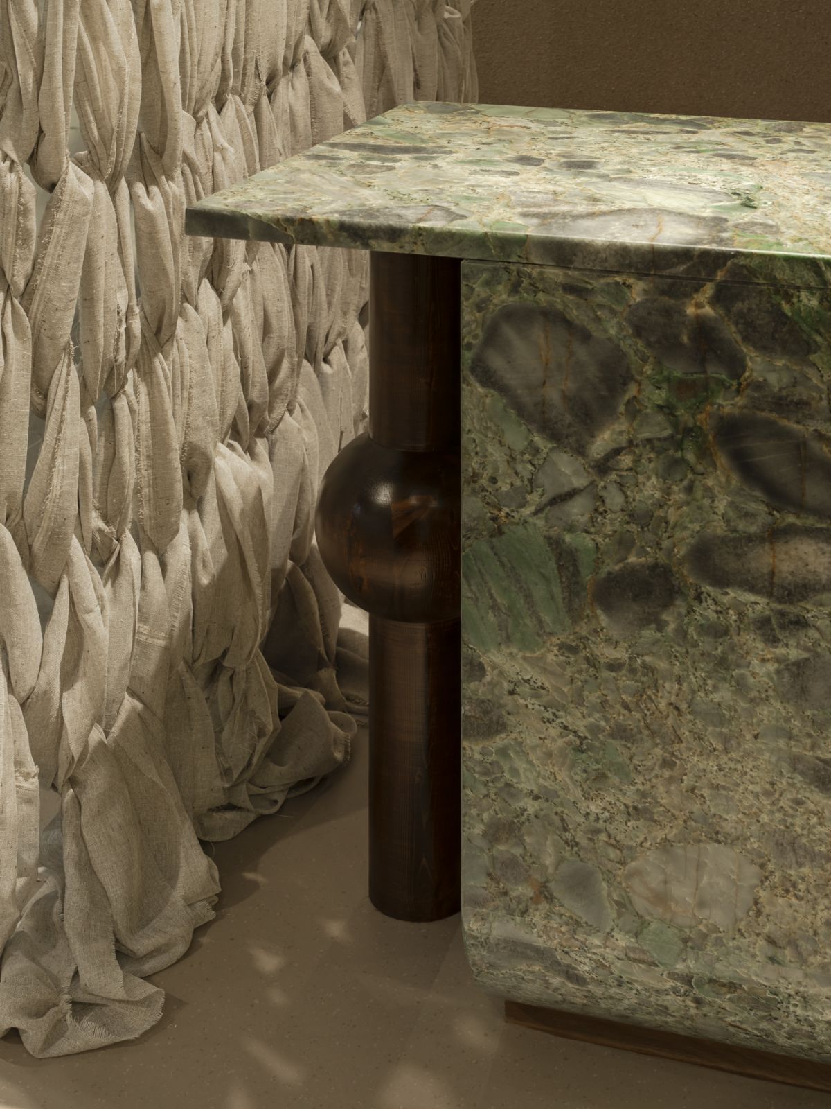 Green-hued marble counter and giant knitting curtains (Photo: David Yeow)