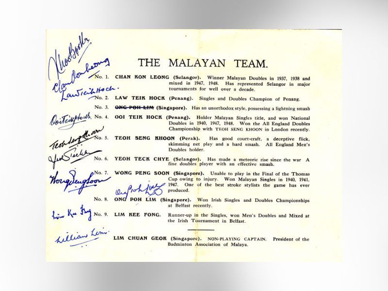 Malayan team lineup from Malaya vs Ireland match, 1949 (Photo: Badminton Museum Ireland)