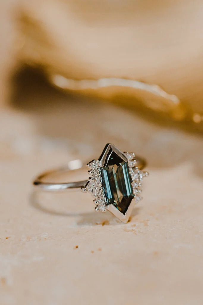 The Eileen Long Hexagon Teal Sapphire Ring by Sarah O