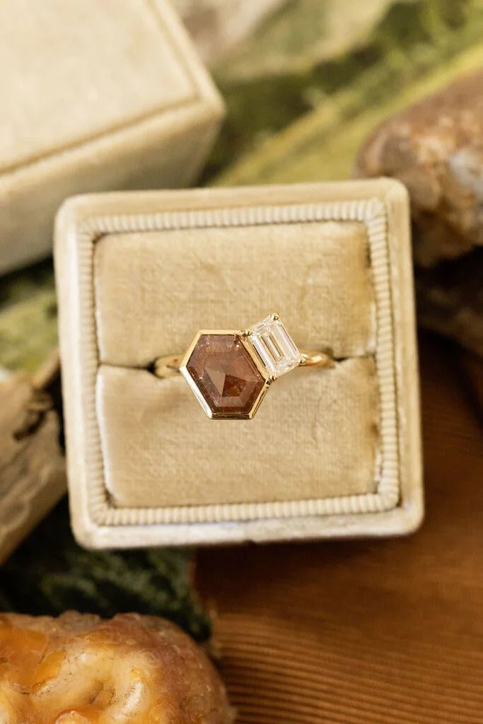 The Toi et Moi Rustic Hexagon and Emerald Cut White Diamond Ring by Sarah O
