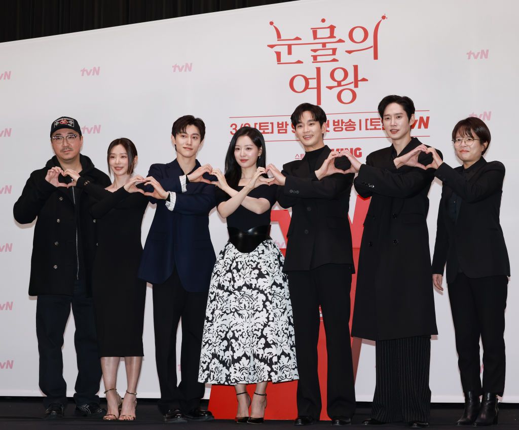 (L-R): Director Jang Young-woo, actor Lee Joo-bin, Kwak Dong-yeon, Kim Ji-won, Kim Soo-hyun, Park Sung-hoon, and director Kim Hee-won attend the tvN K-drama ‘Queen of Tears’ press conference at Ramada by Wyndham Seoul Sindorim in Guro-gu on March 07, 2024 in Seoul, South Korea