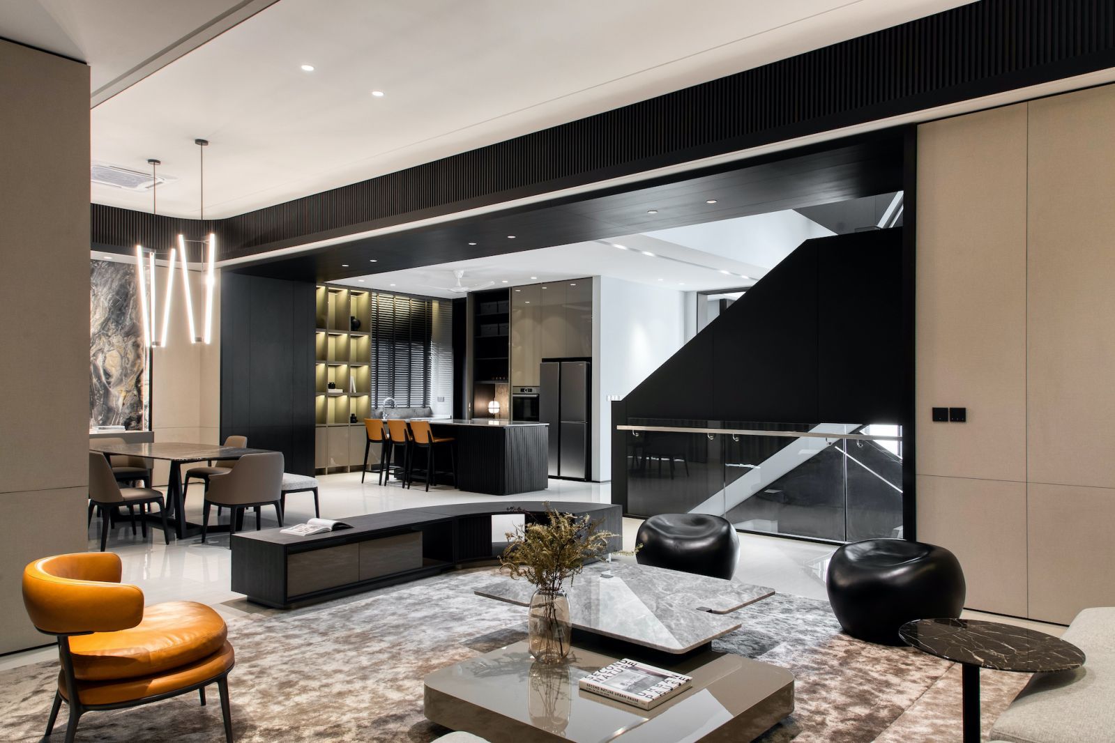 The open plan living space showcases a luxurious palette (Photo: Heartpatrick)