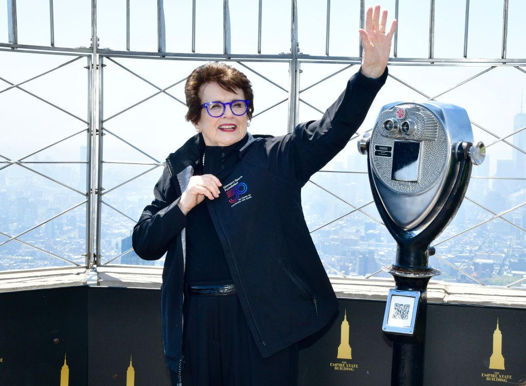 NEW YORK, NEW YORK - MAY 02: Billie Jean King lights the Empire State Building in honor of the Women's Sports Foundation's 50th Anniversary at The Empire State Building on May 02, 2024 in New York City. (Photo by Eugene Gologursky/Getty Images for Empire State Realty Trust )