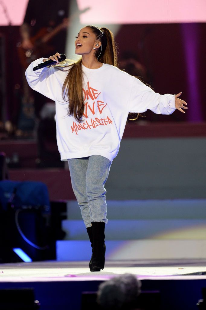 Ariana Grande performs on stage in Manchester, England (Photo: Getty Images/Dave Hogan for One Love Manchester)