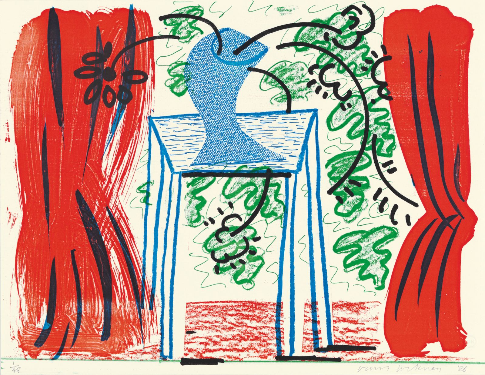 David Hockney “Still Life with Curtains, March 1986” Home made print  Edition of 48 8 ½” x 11” © David Hockney Photo Credit: Richard Schmidt