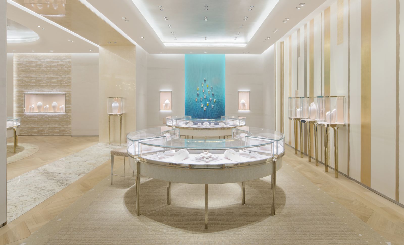 A blue wall with colourful glass gems is the highlight of the space (Photo: Courtesy of Tiffany & Co)