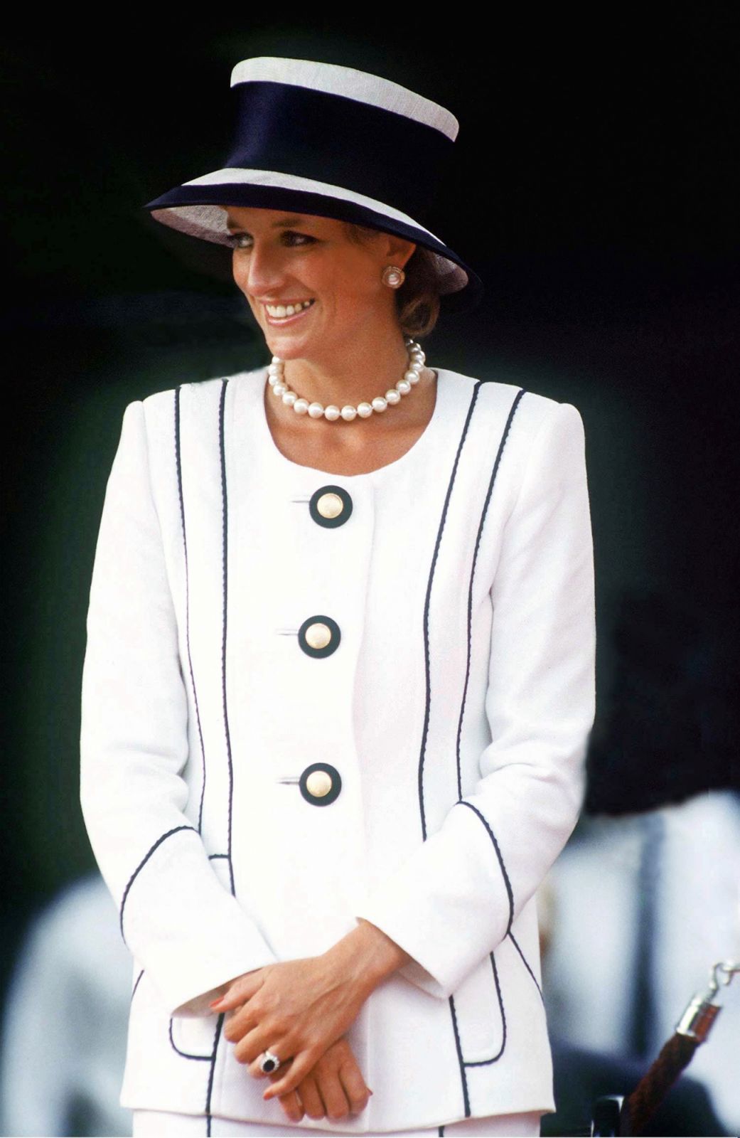 LONDON, UNITED KINGDOM - AUGUST 19:  The Princess Of Wales Attends  Vj  Day Commemorative Events Wearing A Suit By Bashoin Designer Tomasz Starsewski And Hat By  Milliner Philip Somerville  (Photo by Tim Graham Photo Library via Getty Images)