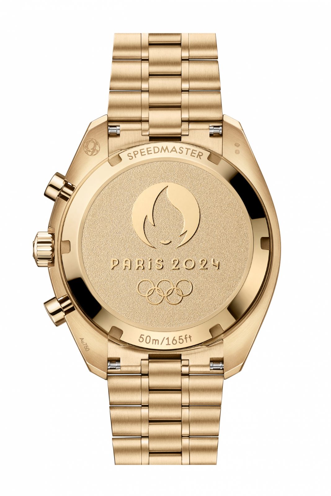 Paris 2024 logo and the Olympic Rings against a frosted surface on the caseback
