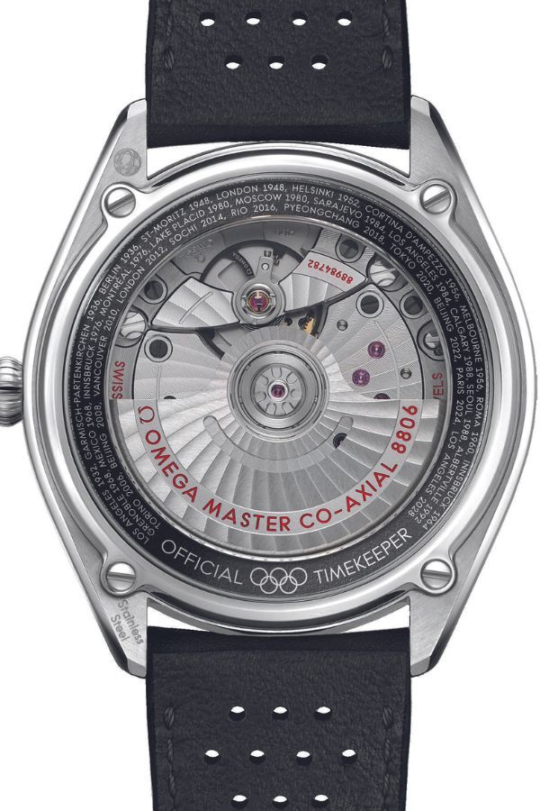 The caseback of the Omega Seamaster Olympic Games Collection watch with a ring printed with the host cities throughout its journey with the sporting event