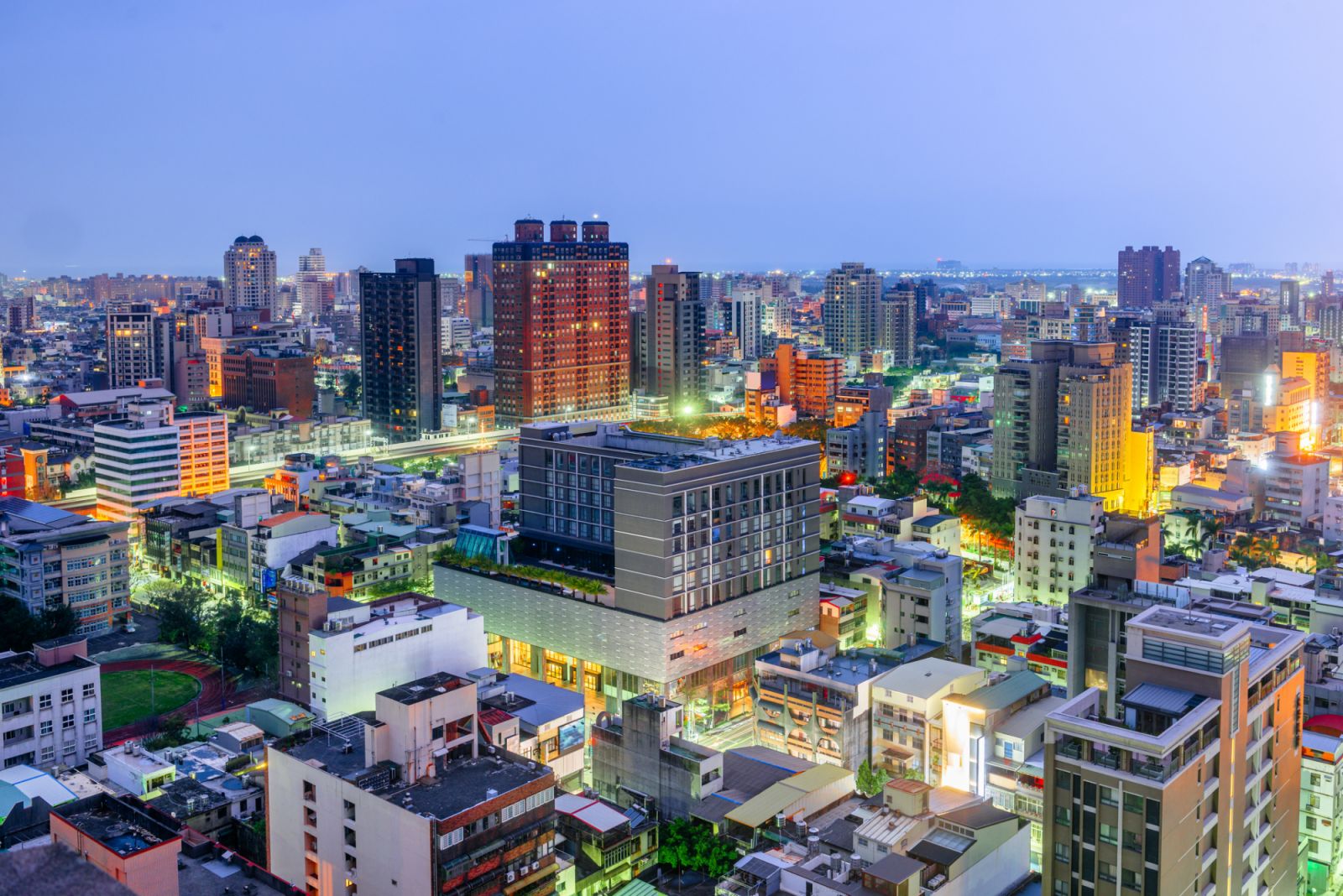 Hsinchu, Taiwan downtown cityscape from above at twilight.