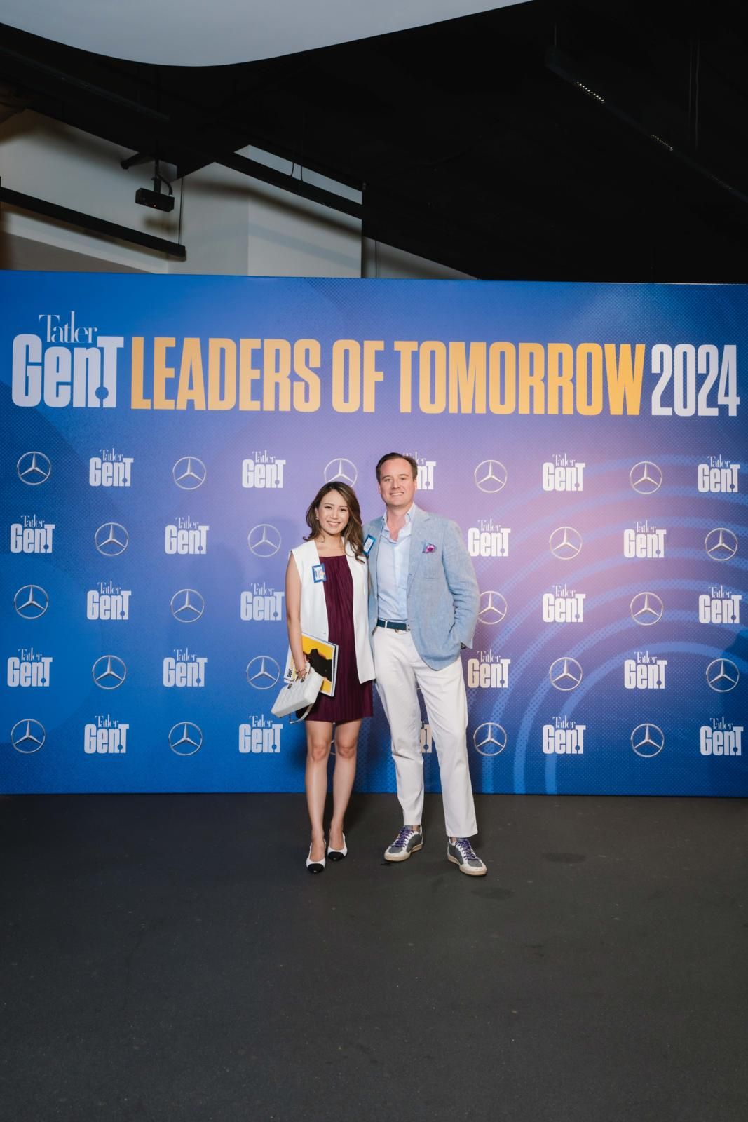 Charlotte Tsuei-Robinson, the founder of sustainable athleisure brand Caelum Greene, and her husband Gregory Robinson at the Gen.T Leaders of Tomorrow 2024 launch event (Photo: Humphrey Ng)