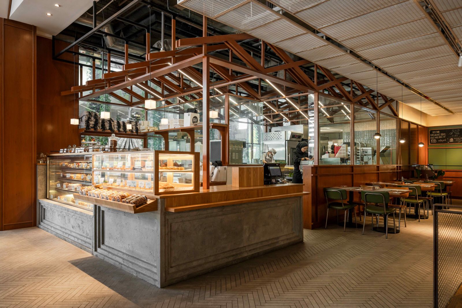 Concrete millwork and timber truss ceiling (Photo: David Yeow)