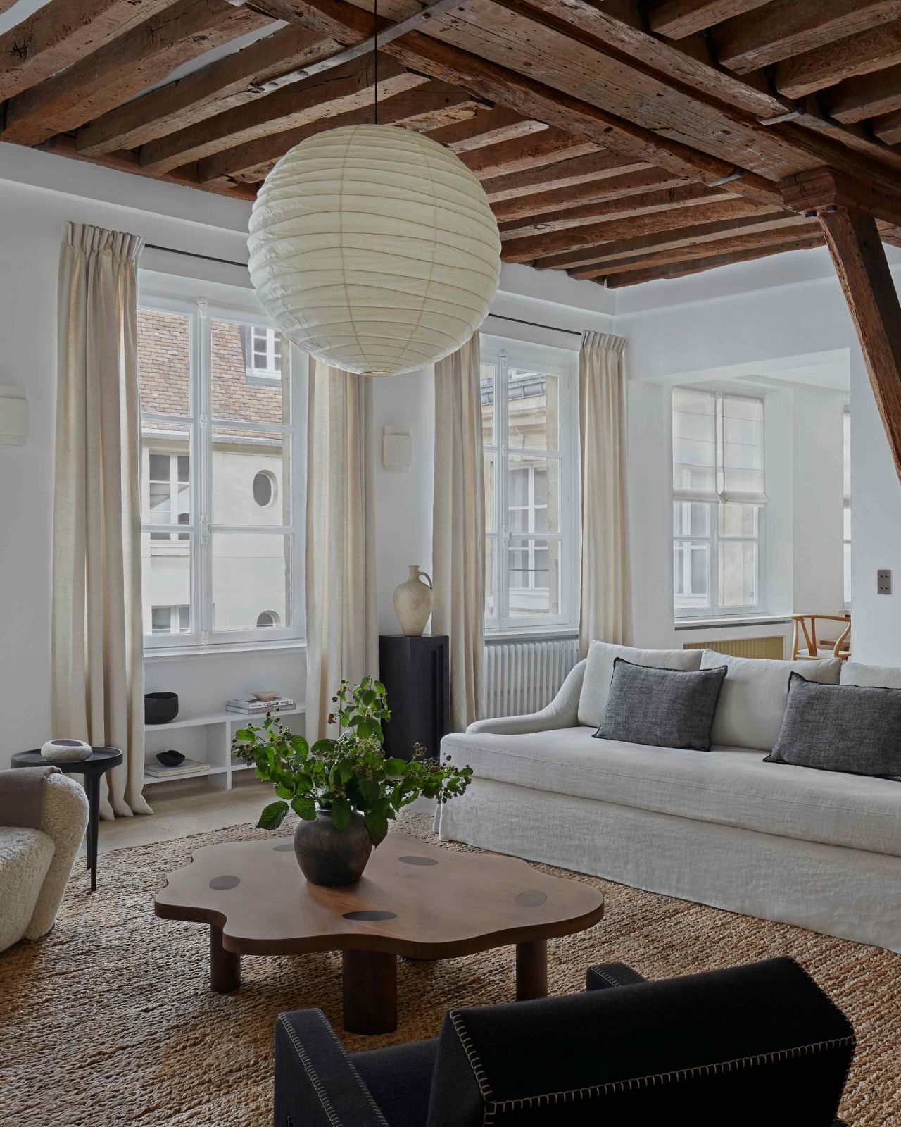 The exposed wood beams were discovered during renovation