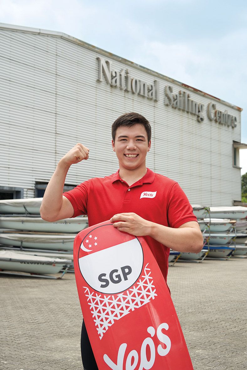 Maeder received a three‑year sponsorship from home‑grown beverage brand Yeo’s. Maeder at the 2021 World Sailing Youth World Championships
