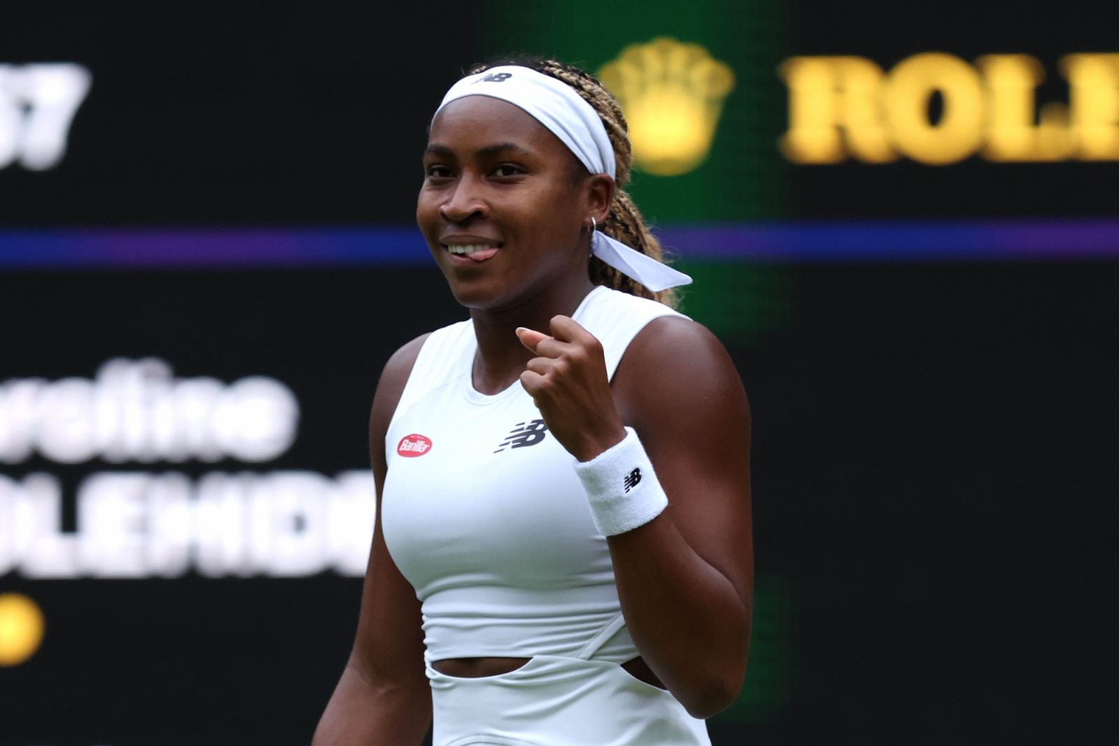 Coco Gauff of United States celebrates winning match point against Caroline Dolehide of United States during her Ladies' Singles first round match on day one of The Championships Wimbledon 2024 (Photo by Clive Brunskill/Getty Images)