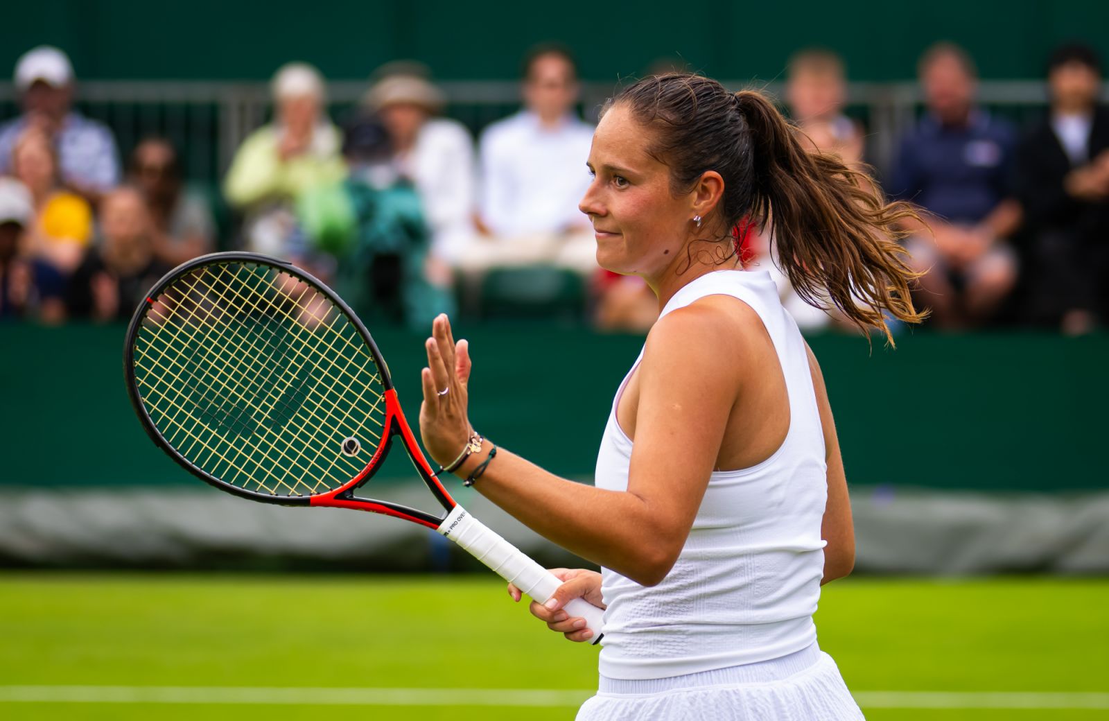 Daria Kasatkina celebrates defeating Shuai Zhang of China in the first round on Day One of The Championships Wimbledon 2024 (Photo by Robert Prange/Getty Images)