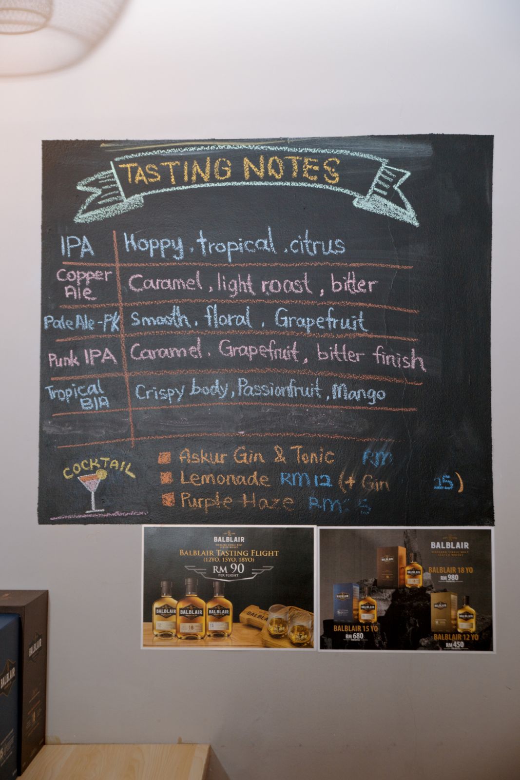A chalkboard delineating each draught beer on rotation, complete with tasting notes