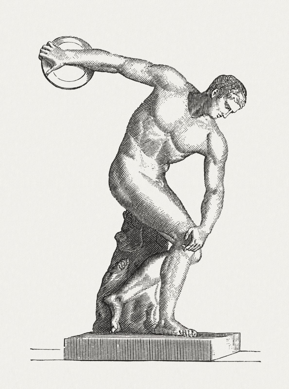 Discus thrower. Woodcut engraving after an ancient sculpture, published in 1881.