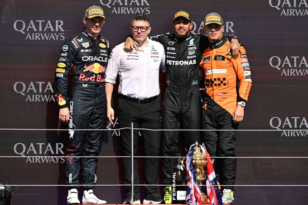 SILVERSTONE, UNITED KINGDOM - JULY 07: Lewis Hamilton of Mercedes takes the first place, Max Verstappen of Red Bull Racing takes the second place and Lando Norris of McLaren takes the third place in the Formula 1 British Grand Prix, 12th race of the season at Silverstone Circuit in Silverstone, Northamptonshire, United Kingdom on July 07, 2024. (Photo by Rasid Necati Aslim/Anadolu via Getty Images)