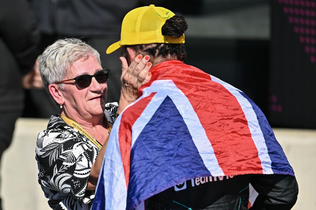 NORTHAMPTON, ENGLAND - JULY 7: Lewis Hamilton of Great Britain and Mercedes-AMG PETRONAS F1 Team celebrates his win in with his mother Carmen Larbalestier parc feme during the F1 Grand Prix of Great Britain at Silverstone Circuit on July 7, 2024 in Northampton, England.(Photo by Vince Mignott/MB Media/Getty Images)
