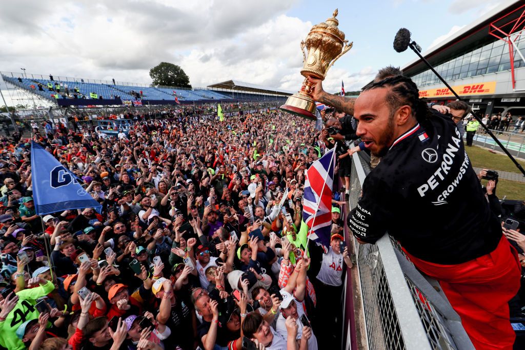 NORTHAMPTON, ENGLAND - JULY 07: Lewis Hamilton of Mercedes and Great Britain celebrates finishing in first during the F1 Grand Prix of Great Britain at Silverstone Circuit on July 07, 2024 in Northampton, England. (Photo by Peter Fox - Formula 1/Formula 1 via Getty Images)