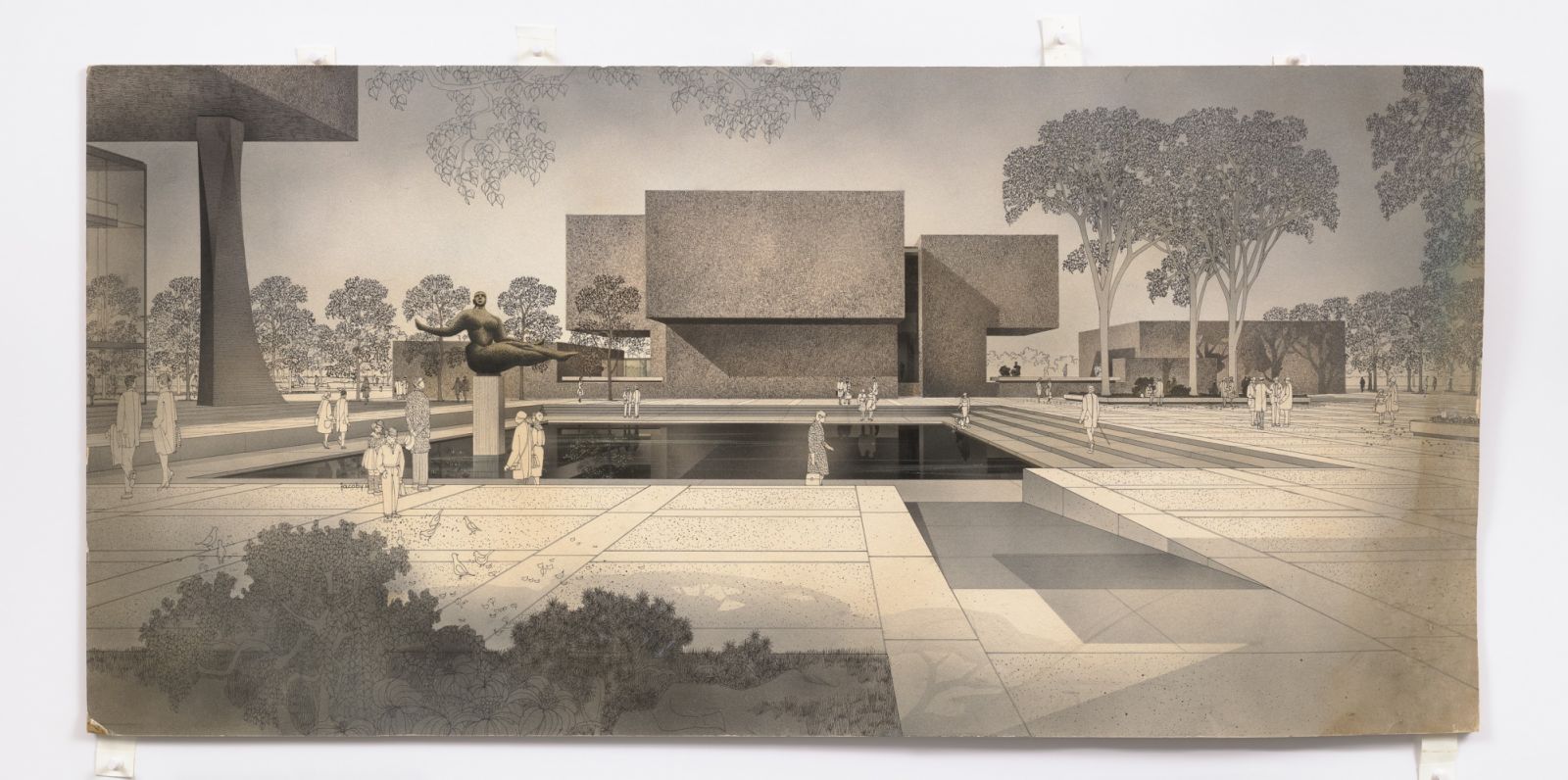 Helmut Jacoby (illustrator) I. M. Pei & Associates, Rendering of museum and public plaza, Everson Museum of Art (1961–1968), Syracuse, New York ca.1961 ink on paper (Photo: M+, Hong Kong, photographed with permission © Pei Cobb Freed & Partners)