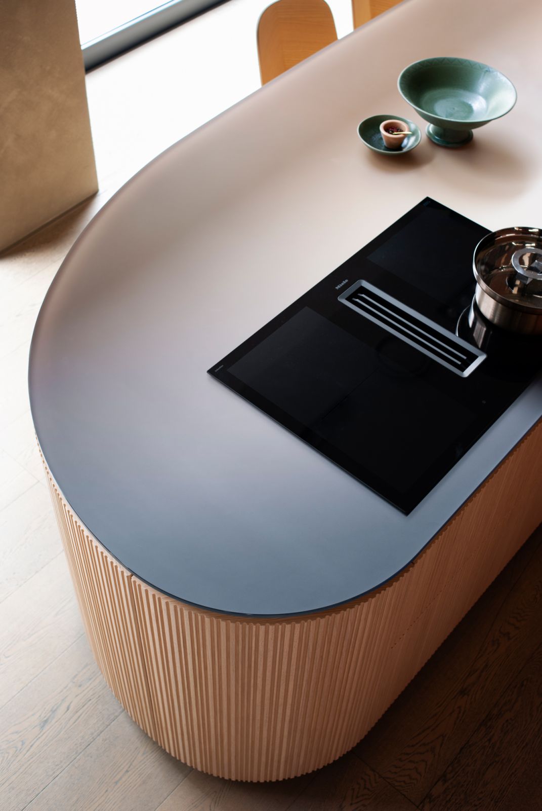 A close-up look at the Tangram kitchen island with the Nuance finish