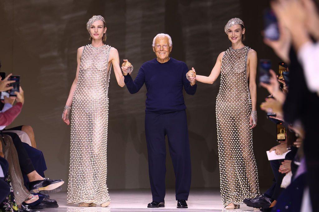 PARIS, FRANCE - JUNE 25: (EDITORIAL USE ONLY - For Non-Editorial use please seek approval from Fashion House) Fashion designer Giorgio Armani walks the runway during the Giorgio Armani Privé Haute Couture Fall/Winter 2024-2025 show as part of Paris Fashion Week on June 25, 2024 in Paris, France. (Photo by Marc Piasecki/WireImage)