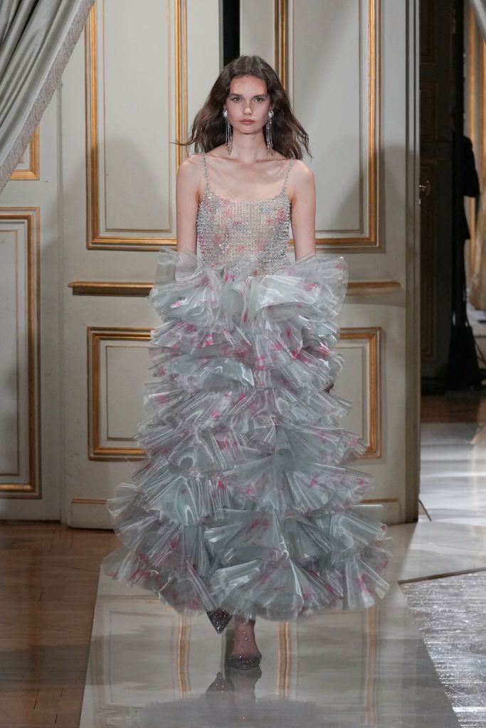 PARIS, FRANCE - JULY 06: A model walks the runway during the Giorgio Armani Prive Couture Haute Couture Fall/Winter 2021/2022 show as part of Paris Fashion Week on July 06, 2021 in Paris, France. (Photo by Peter White/Getty Images)