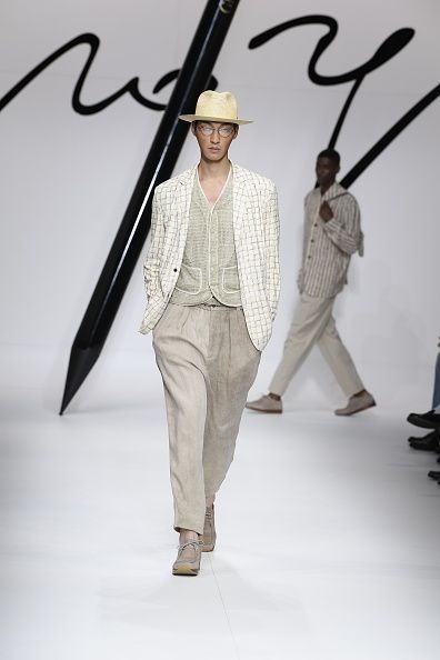Model on the runway at the Giorgio Armani Spring 2024 Menswear Collection Fashion Show at Armani Headquarters on June 19th, 2023 in Milan, Italy. (Photo by Giovanni Giannoni/WWD via Getty Images)