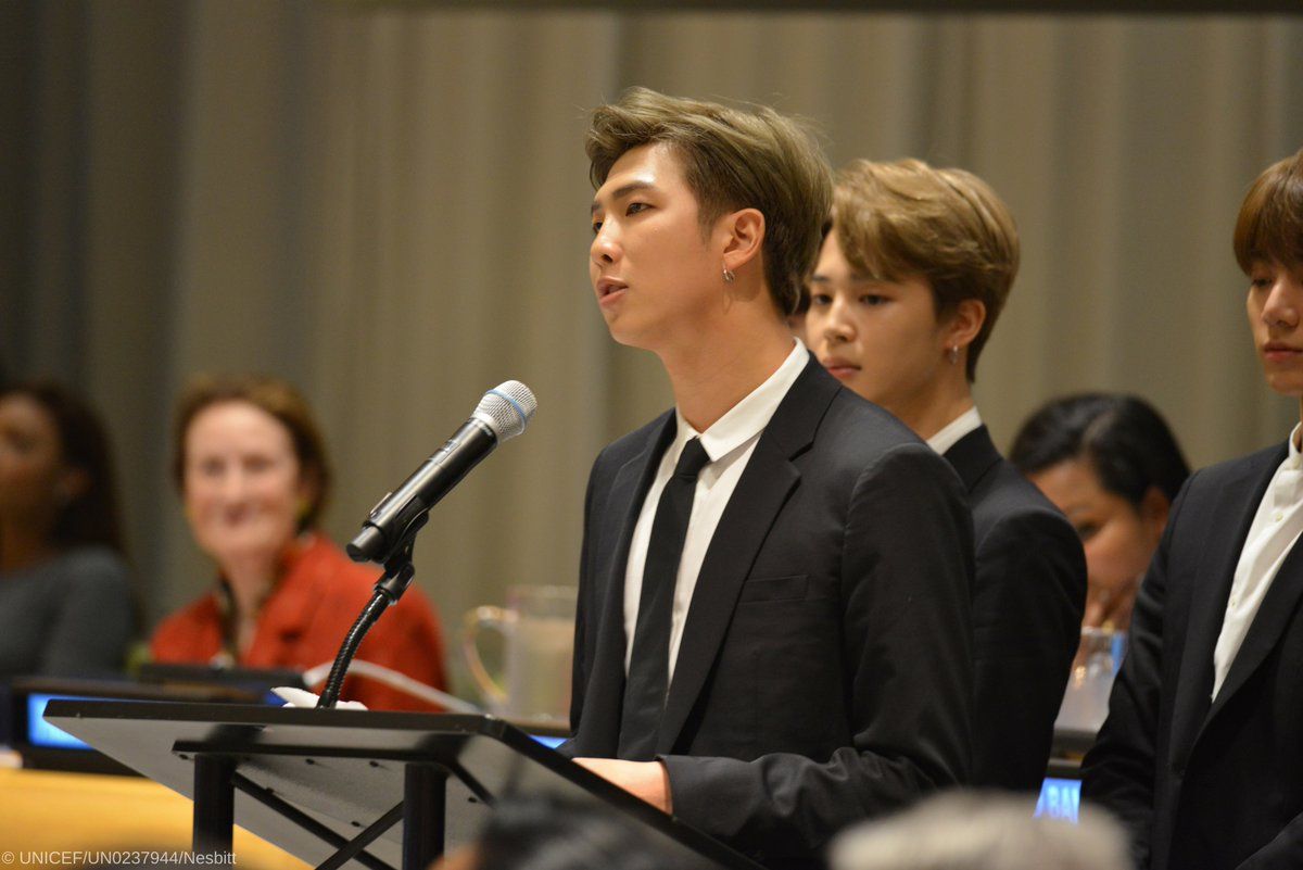 BTS leader RM addressing world leaders at the United Nations General Assembly in 2018 at the United Nations Headquarters in NYC (Photo: Facebook/United Nations)