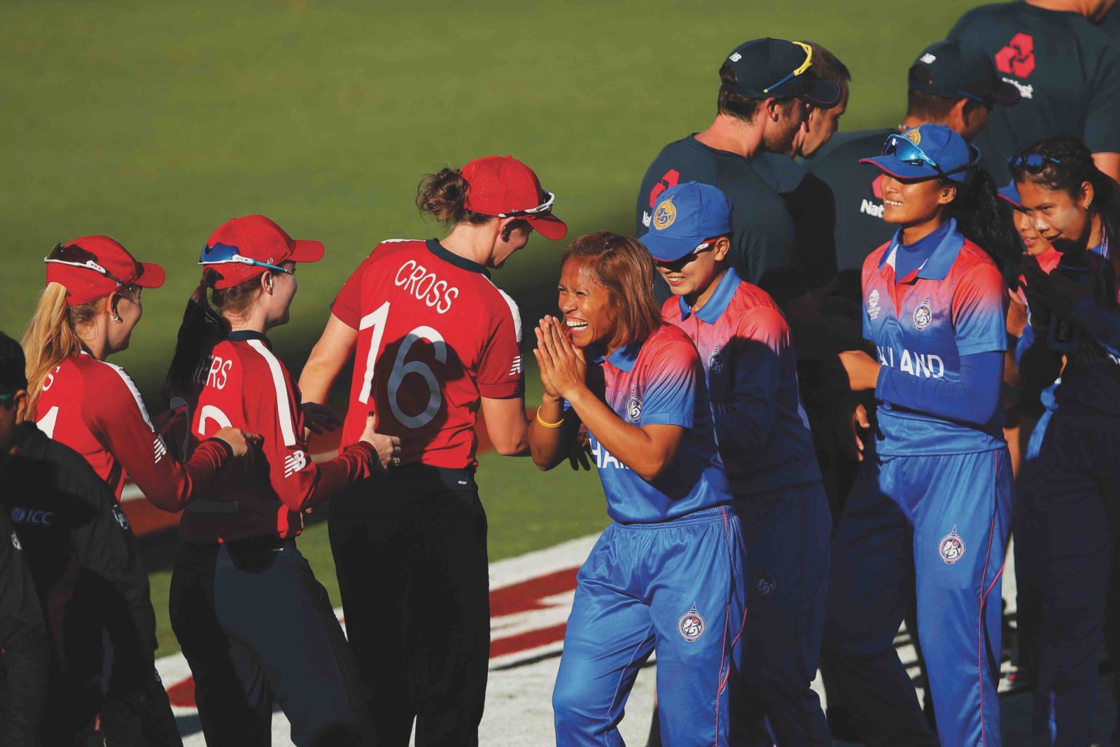 CANBERRA, AUSTRALIA - FEBRUARY 26: Sornnarin Tippoch of Thailand and team mates congratulate England on their victory during the ICC Women's T20 Cricket World Cup match between England and Thailand at Manuka Oval on February 26, 2020 in Canberra, Australia. (Photo by Cameron Spencer/Getty Images)