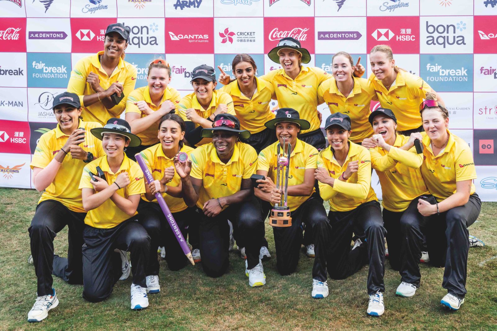 HONG KONG, CHINA - April  16: Team Warriors poses for photo with trophy after winning the final match of FairBreak Invitational 2023 against Falcons at Kowloon Cricket Club on April 16, 2023 in Hong Kong, China. (Photo by Yu Chun Christopher Wong/Eurasia Sport Images/Getty Images)