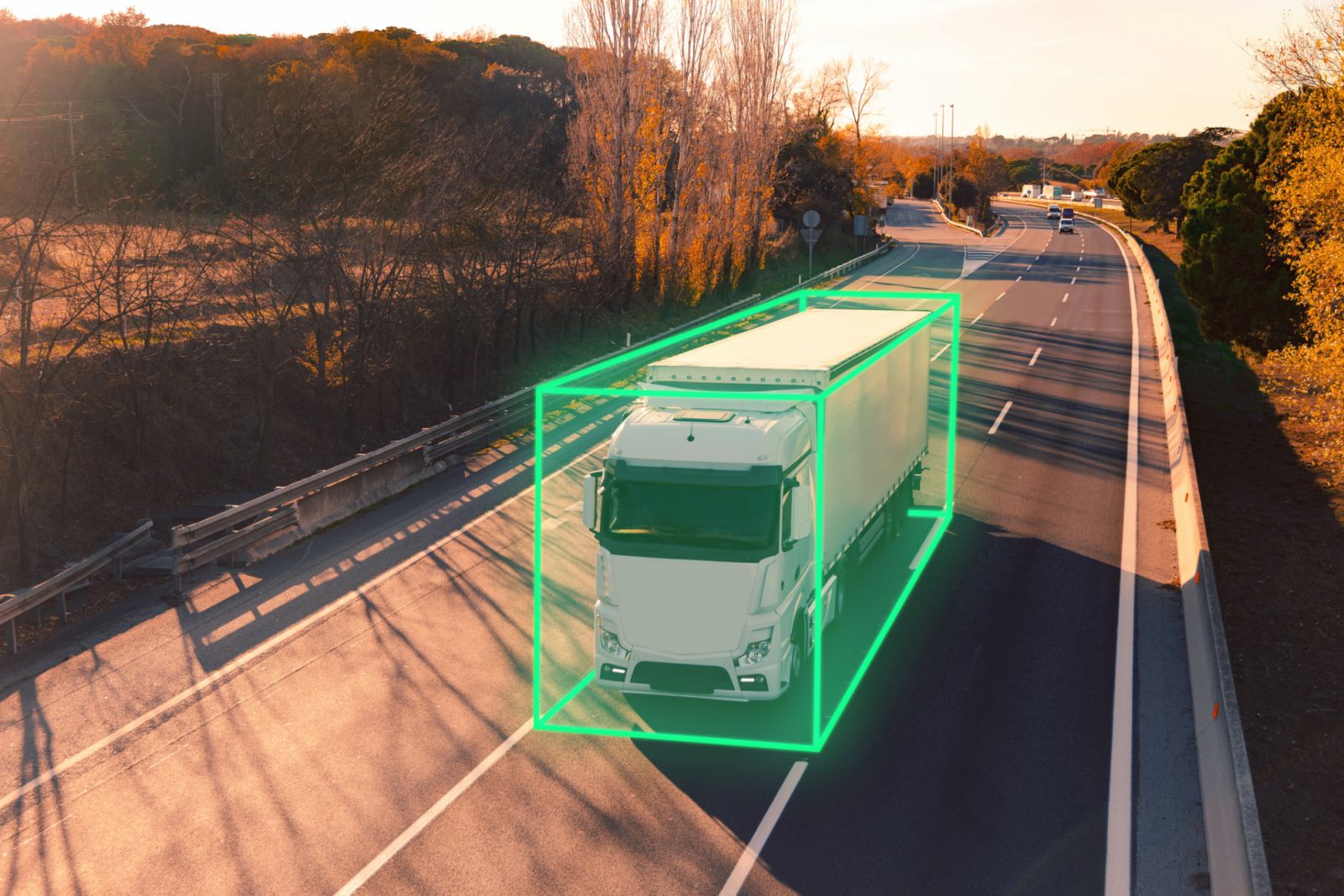 Green cube selecting a futuristic sustainable semi-truck with intelligent sensors for automated driving on the road.