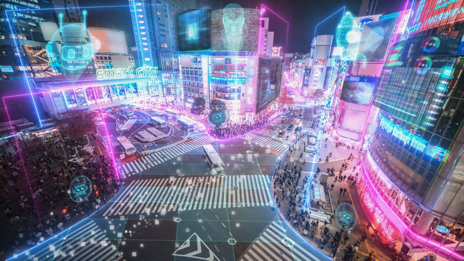 Futuristic digital design in Tokyo city with Smart City and AI innovation technology concept, Metaverse Concept in the actual city