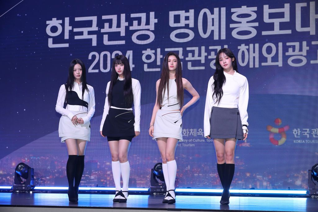 SEOUL, SOUTH KOREA - JULY 11: (L-R) Hanni, Haerin, Danielle and Minji of girl group NewJeans attends the 2024 Korea Tourism Honorary Ambassador Appointment Ceremony at the Hyatt Hotel on July 11, 2024 in Seoul, South Korea. The quintet will be working in partnership with the Korea Tourism Organization (KTO) to promote inbound tourism to Korea as honorary ambassadors. (Photo by Han Myung-Gu/WireImage)