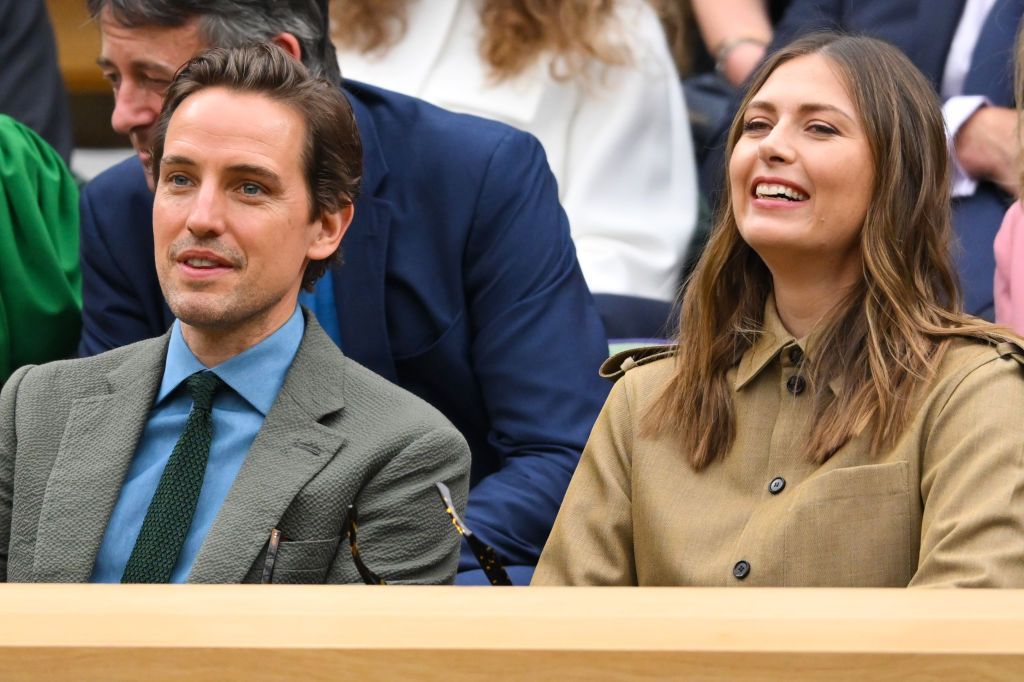 LONDON, ENGLAND - JULY 03: Alexander Gilkes and Maria Sharapova attend day three of the Wimbledon Tennis Championships at the All England Lawn Tennis and Croquet Club on July 03, 2024 in London, England. (Photo by Karwai Tang/WireImage)