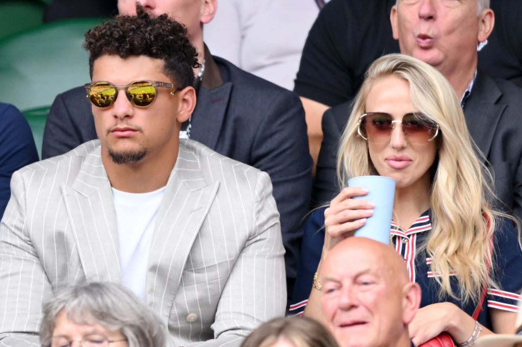 LONDON, ENGLAND - JULY 05: Patrick Mahomes and Brittany Mahomes attend day five of the Wimbledon Tennis Championships at the All England Lawn Tennis and Croquet Club on July 05, 2024 in London, England. (Photo by Karwai Tang/WireImage)